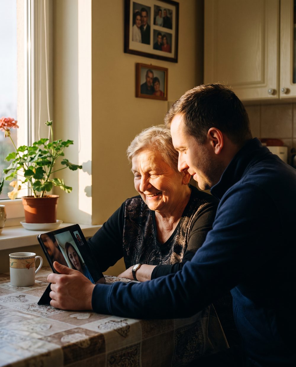Starsza kobieta w swojej kuchni rozmawia przez wideorozmowę z córką, konsjerż trzyma przed nią tablet.